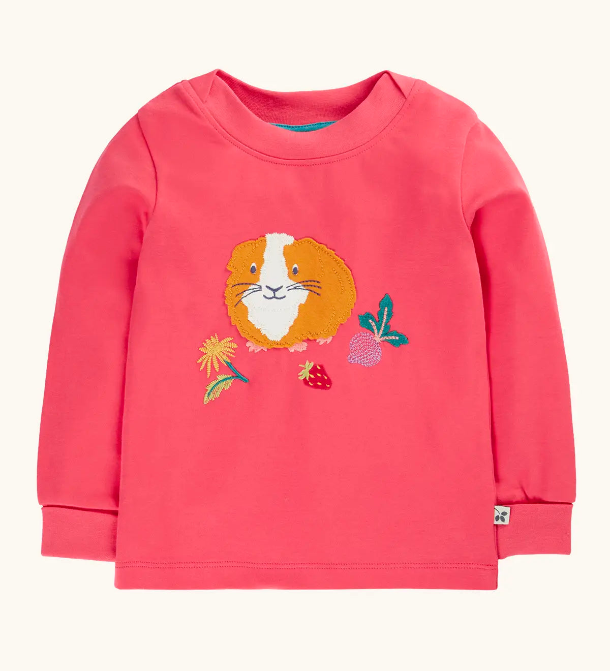 Frugi GOTS 100% organic cotton kids long sleeve top in pink with a playful guinea pig applique on the front