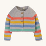 Frugi Bright As A Button Cardi - Grey Marl Stripe. A lovely grey, knitted cardigan with thick colourful stripes