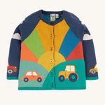 Frugi Reva Applique Cardigan - Navy Blue/Sunrise, with a beautiful sunrise pattern and vehicle print