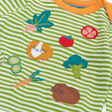 Frugi organic cotton kids long sleeve top in green and white stripes with guinea pigs on the front and poppers on the shoulders for easy dressing