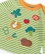 Frugi organic cotton kids long sleeve top in green and white stripes with guinea pigs on the front and poppers on the shoulders for easy dressing