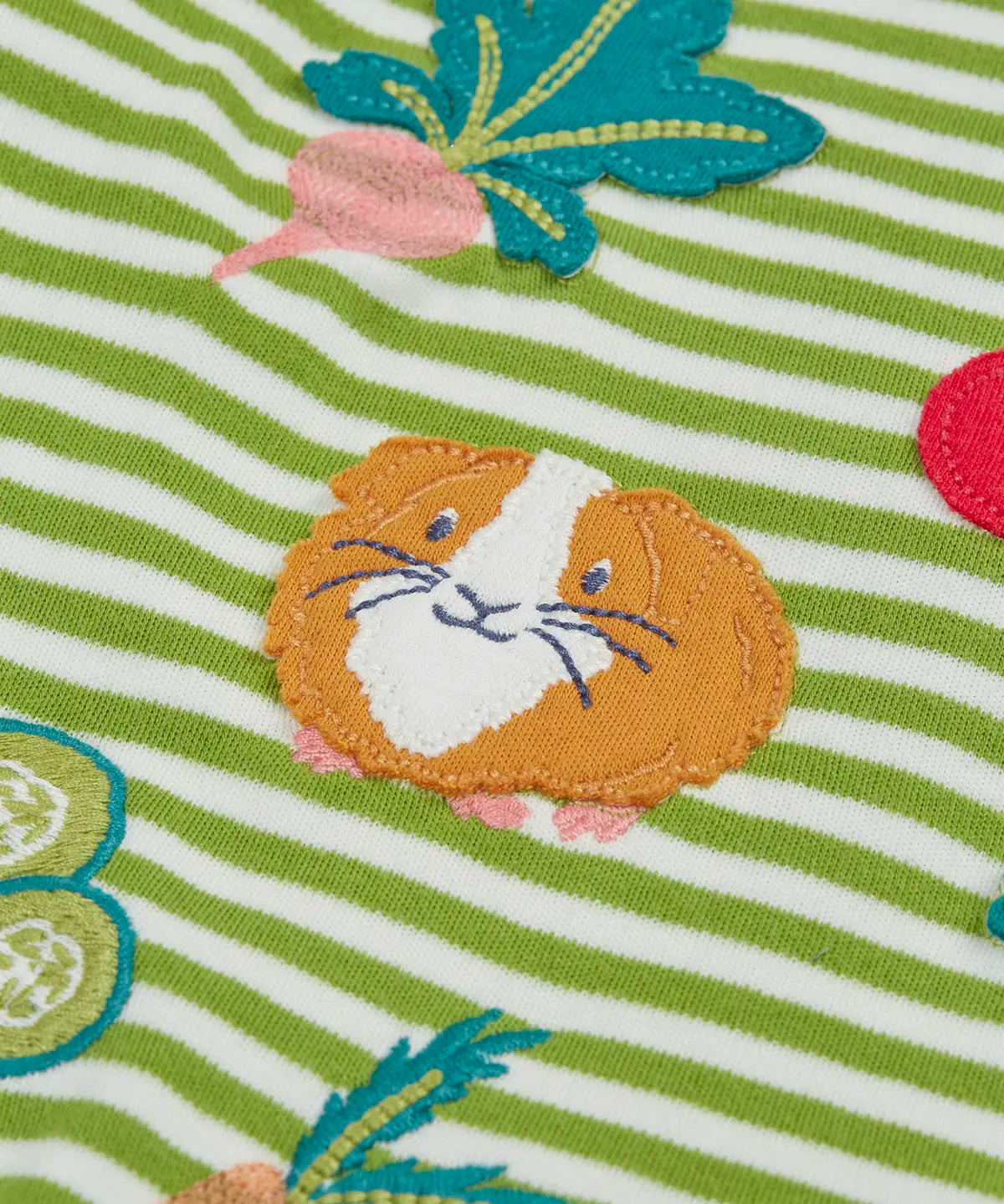 Frugi kids long sleeve top showing a close up of a cute guinea pig applique on green and white organic cotton fabric