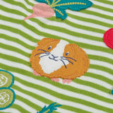 Frugi kids long sleeve top showing a close up of a cute guinea pig applique on green and white organic cotton fabric