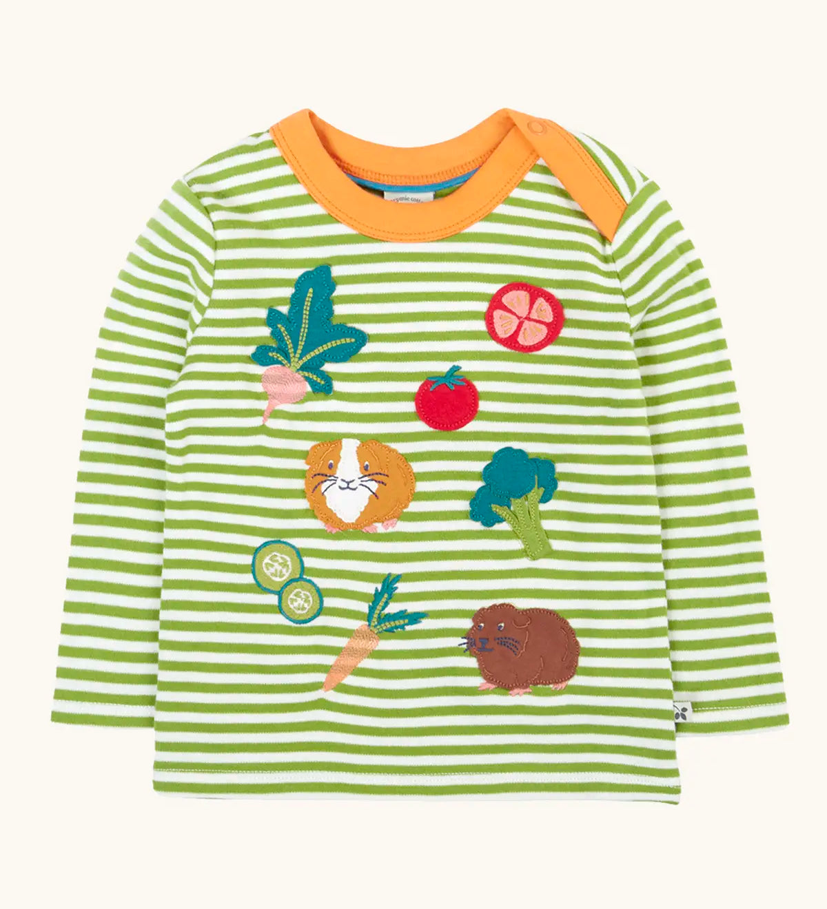 Frugi GOTS 100% organic cotton kids long sleeve top in green and white stripes with cute guinea pigs and vegetables appliqués on the front