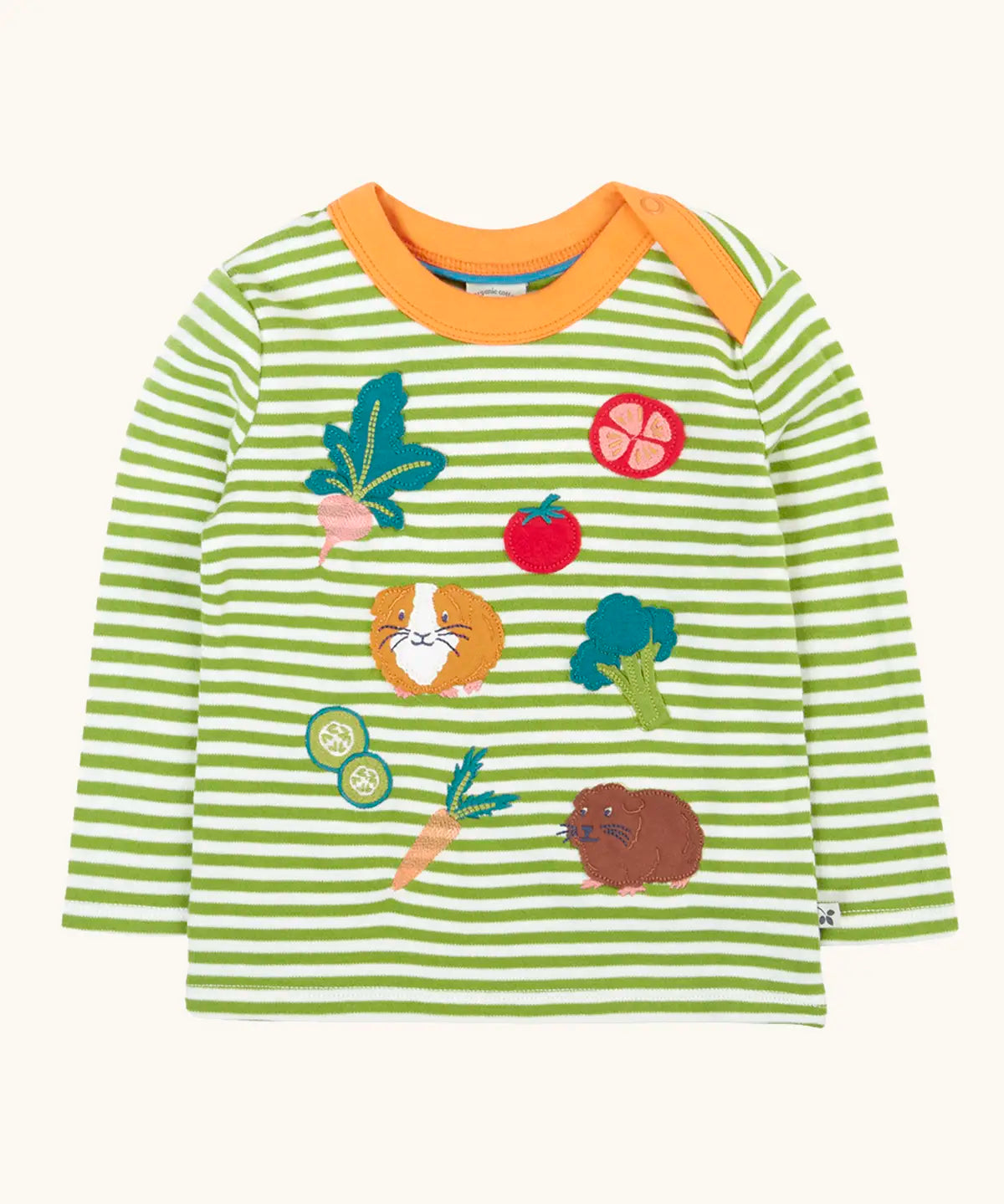 Frugi GOTS 100% organic cotton kids long sleeve top in green and white stripes with cute guinea pigs and vegetables appliqués on the front