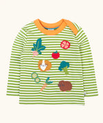 Frugi GOTS 100% organic cotton kids long sleeve top in green and white stripes with cute guinea pigs and vegetables appliqués on the front