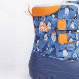 A close up of the Frugi out and about snow boots in penguin waddle showing the orange trim and penguin print detail.