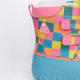 A close up of the Frugi out and about snow boots in penguin waddle showing the pink trim and rainbow check print detail.