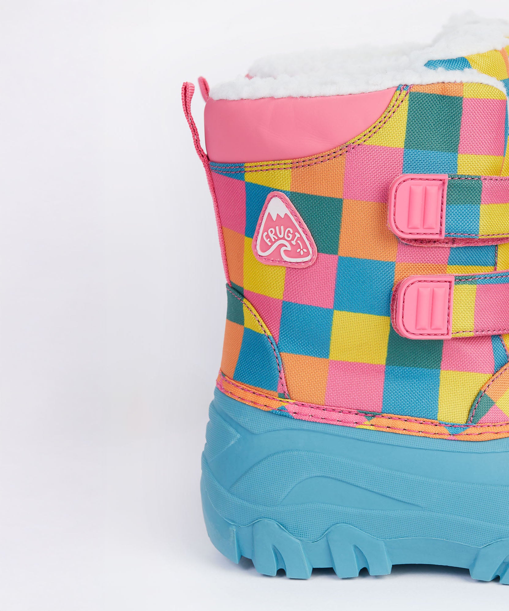 A close up of the Frugi out and about snow boots in penguin waddle showing the pink trim and rainbow check print detail.