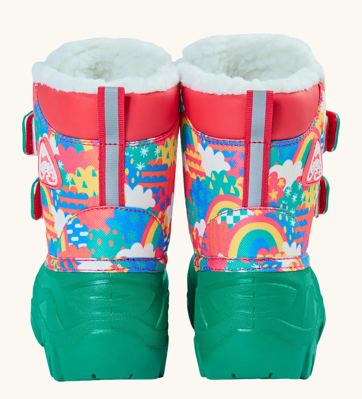 Back of Frugi out and about snow boots in fun frenzy showing a repeating bright pattern design, green sole and a reflective strip
