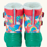Back of Frugi out and about snow boots in fun frenzy showing a repeating bright pattern design, green sole and a reflective strip