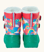 Back of Frugi out and about snow boots in fun frenzy showing a repeating bright pattern design, green sole and a reflective strip