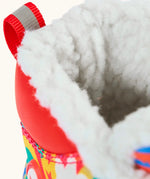 Frugi out and about snow boots in fun frenzy showing a close up of the fleece inner lining 