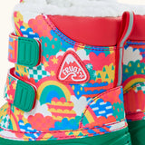 Side of Frugi out and about snow boots in fun frenzy showing a repeating bright pattern design, velcro fasteners and ankle padding 