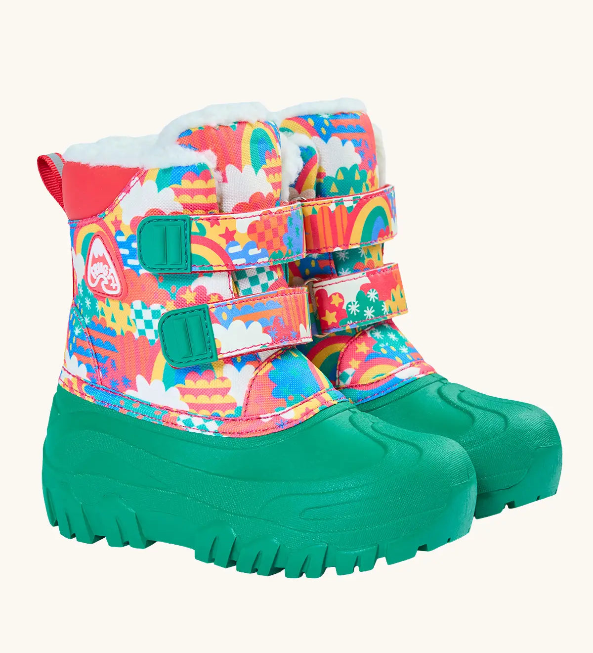 Frugi out and about snow boots in fun frenzy showing a repeating bright pattern design, green sole and toe bumpers.Features a fleece inner and velcro fasteners. 