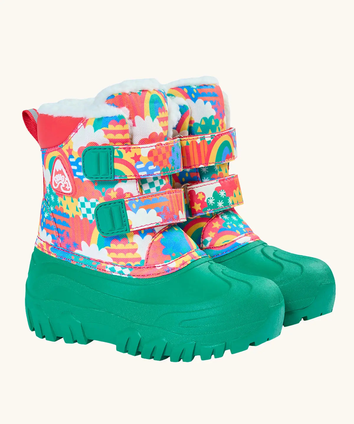 Frugi out and about snow boots in fun frenzy showing a repeating bright pattern design, green sole and toe bumpers.Features a fleece inner and velcro fasteners. 