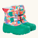 Frugi out and about snow boots in fun frenzy showing a repeating bright pattern design, green sole and toe bumpers.Features a fleece inner and velcro fasteners. 