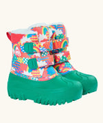 Frugi out and about snow boots in fun frenzy showing a repeating bright pattern design, green sole and toe bumpers.Features a fleece inner and velcro fasteners. 