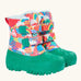 Frugi out and about snow boots in fun frenzy showing a repeating bright pattern design, green sole and toe bumpers.Features a fleece inner and velcro fasteners. 