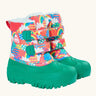 Frugi out and about snow boots in fun frenzy showing a repeating bright pattern design, green sole and toe bumpers.Features a fleece inner and velcro fasteners. 