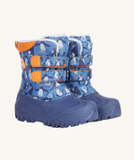 Frugi out and about snow boots in penguin waddle available at Babipur. A blue winters boot with orange trim and a penguin print. Features a fleece inner and velcro fasteners. 