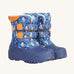 Frugi out and about snow boots in penguin waddle available at Babipur. A blue winters boot with orange trim and a penguin print. Features a fleece inner and velcro fasteners. 