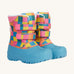 Frugi out and about snow boots in rainbow check waddle available at Babipur. A bright checked winters boot with pink trim and a light blue deep sole. Features a white fleece inner and velcro fasteners. 