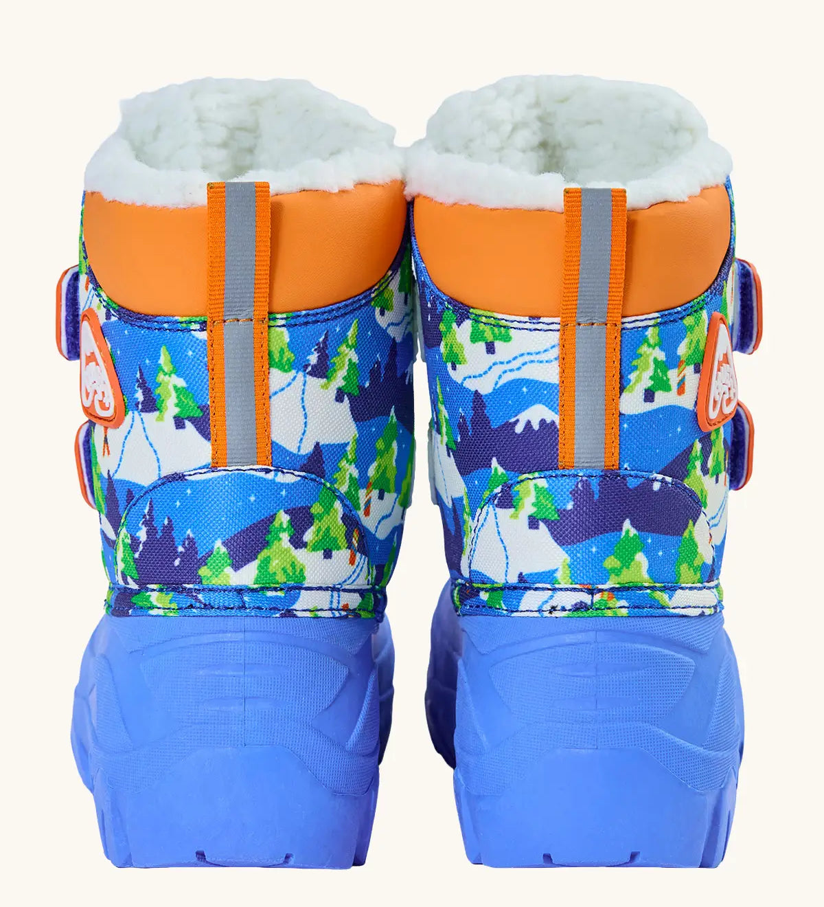 Back of Frugi out and about snow boots in starry slopes showing the winter scene design, orange ankle padding and reflective strip