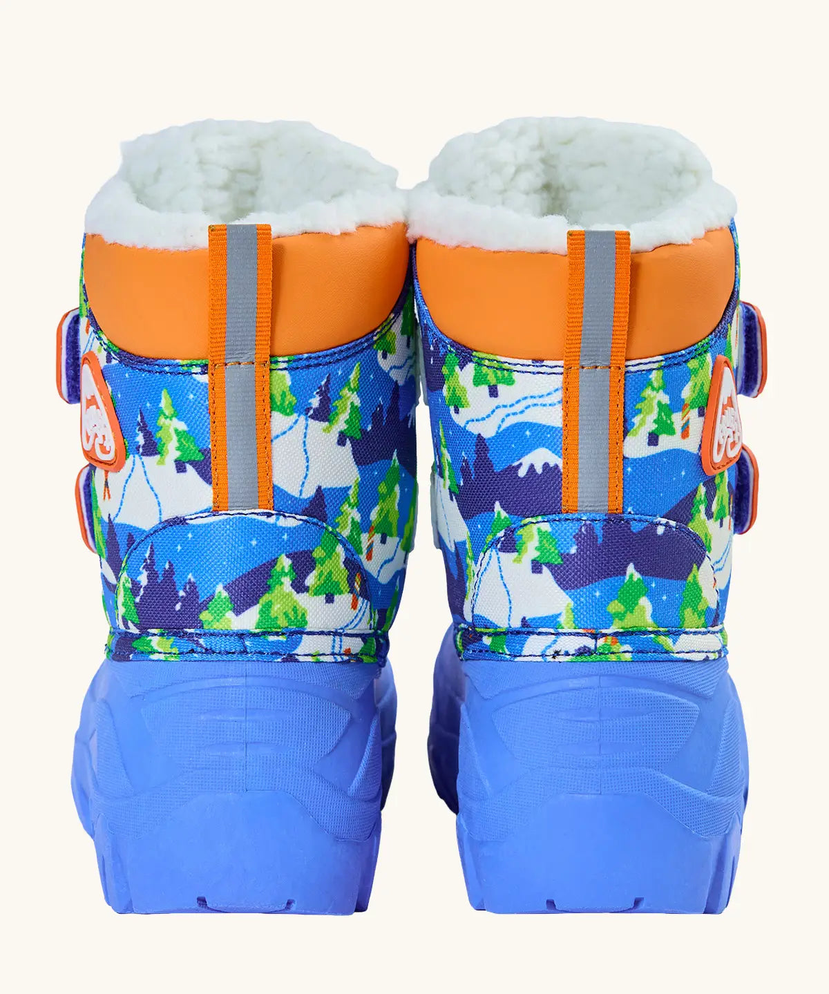 Back of Frugi out and about snow boots in starry slopes showing the winter scene design, orange ankle padding and reflective strip