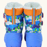 Back of Frugi out and about snow boots in starry slopes showing the winter scene design, orange ankle padding and reflective strip