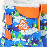 Side of  Frugi out and about snow boots in starry slopes showing the winter showing orange ankle padding and fleece inner lining