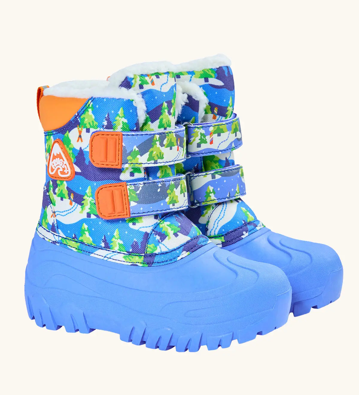 Frugi out and about snow boots in starry slopes a blue boot with a winter scene design, toe bumpers and velcro fasteners