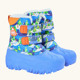Frugi out and about snow boots in starry slopes a blue boot with a winter scene design, toe bumpers and velcro fasteners
