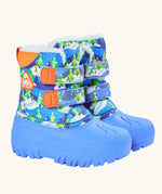 Frugi out and about snow boots in starry slopes a blue boot with a winter scene design, toe bumpers and velcro fasteners