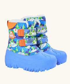 Frugi out and about snow boots in starry slopes a blue boot with a winter scene design, toe bumpers and velcro fasteners