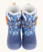 A close up of the Frugi out and about snow boots in penguin waddle showing the blue toe protector cap and velcro fastener detail.