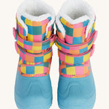 A close up of the Frugi out and about snow boots in rainbow showing the light blue toe protecter and velcro fastener detail.