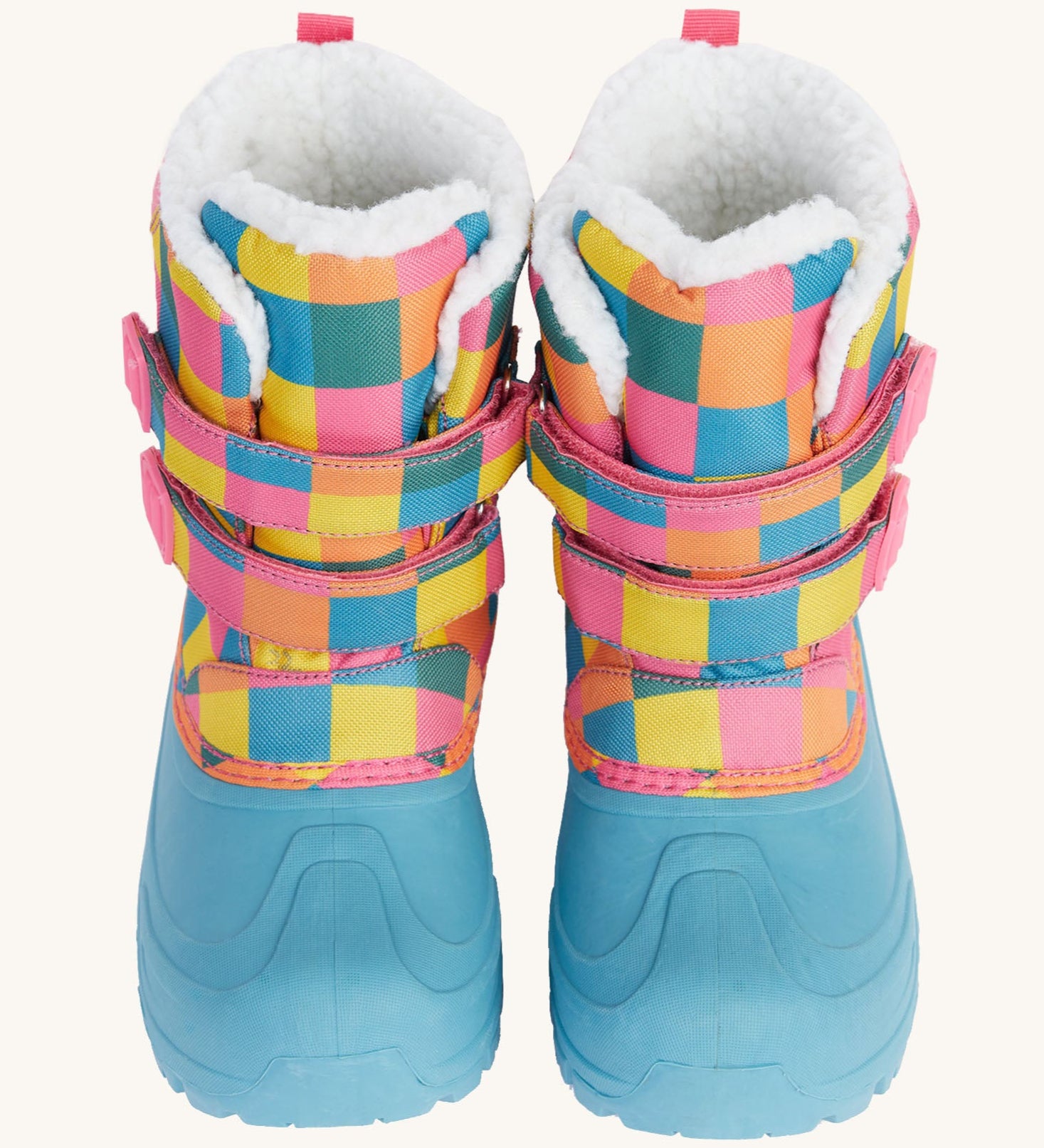 A close up of the Frugi out and about snow boots in rainbow showing the light blue toe protecter and velcro fastener detail.