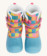 A close up of the Frugi out and about snow boots in rainbow showing the light blue toe protecter and velcro fastener detail.