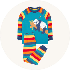 Frugi Jamie Jim Jams in Rainbow Stripe Panda to represent Frugi baby and children pjs and nightwear for sale at Babipur.