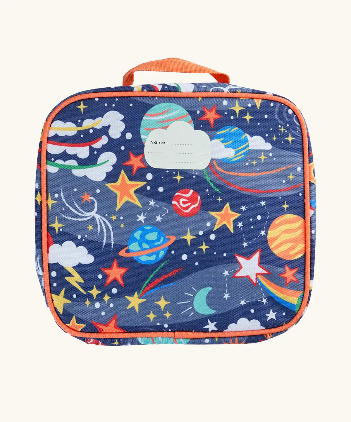 Back of Frugi explore the stars blue with orange trim pack a lunch bag showing name tag and carry handle