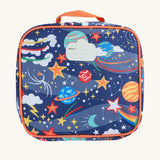 Back of Frugi explore the stars blue with orange trim pack a lunch bag showing name tag and carry handle