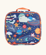 Back of Frugi explore the stars blue with orange trim pack a lunch bag showing name tag and carry handle