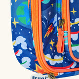 Frugi explore the stars blue pack a lunch bag showing a close up of the orange zip detail