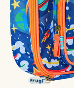 Frugi explore the stars blue pack a lunch bag showing a close up of the orange zip detail