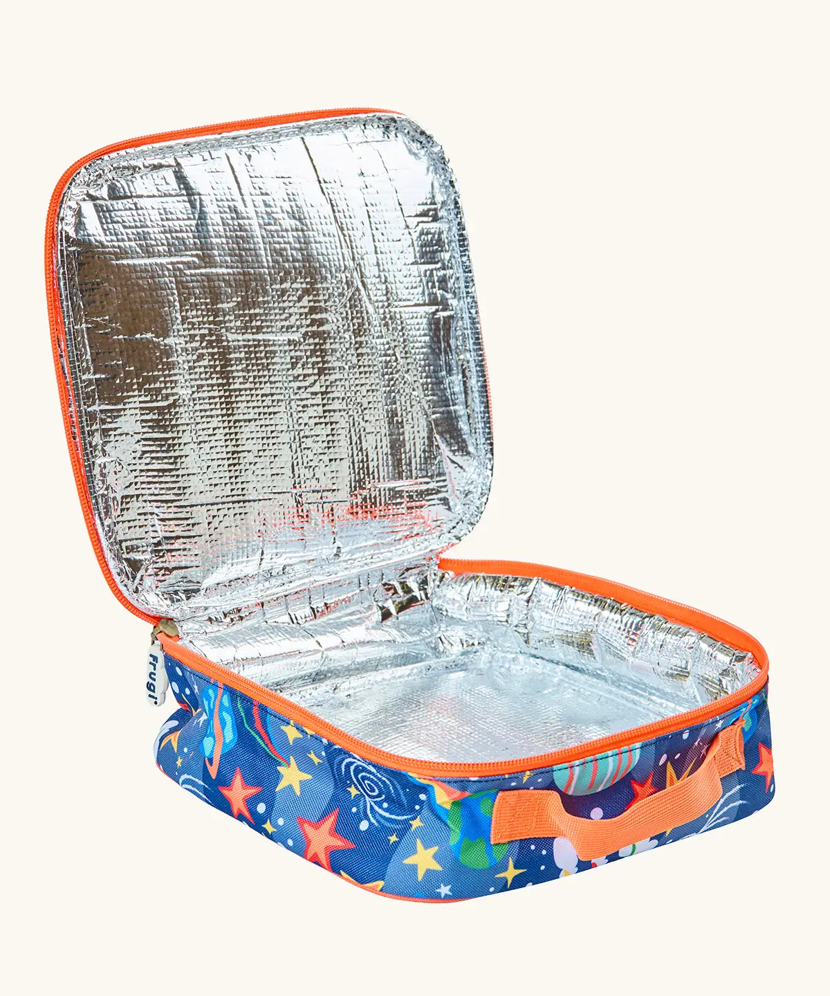 An open Frugi explore the stars blue pack a lunch bag showing the insulated inner liner