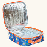 An open Frugi explore the stars blue pack a lunch bag showing the insulated inner liner