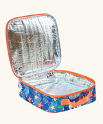 An open Frugi explore the stars blue pack a lunch bag showing the insulated inner liner