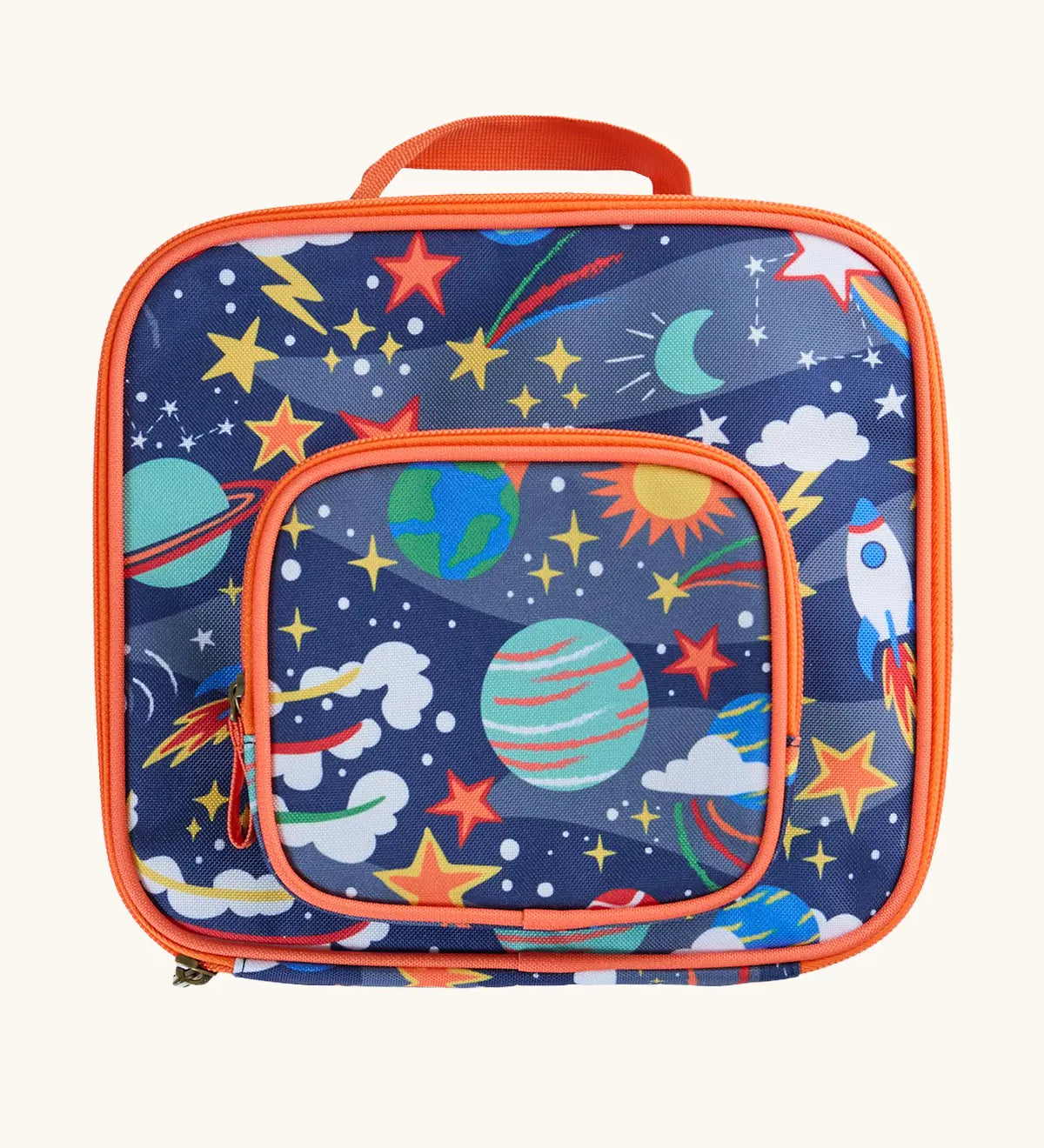 Frugi explore the stars blue pack a lunch bag showing a repeating outer space design. Main and a small front compartment and a carry handle
