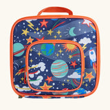 Frugi explore the stars blue pack a lunch bag showing a repeating outer space design. Main and a small front compartment and a carry handle